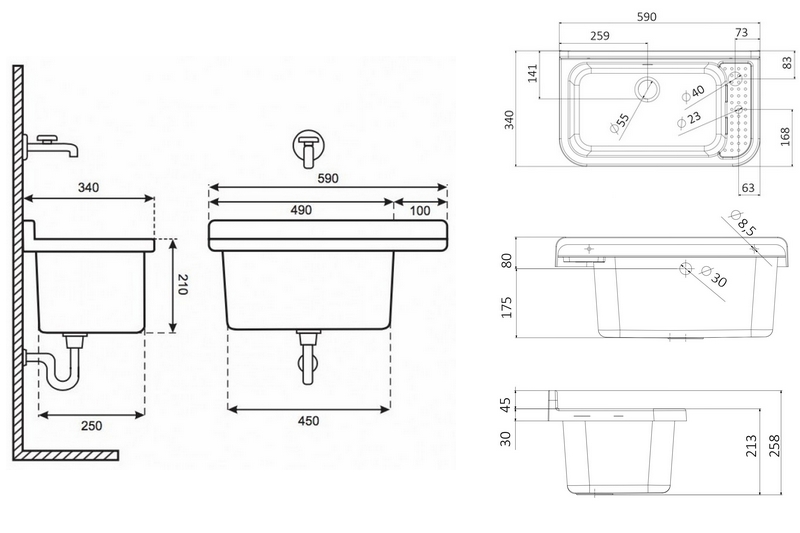 Technický dřez 60 cm ČERNÝ z polypropylenu + sifon a montážní příslušenství