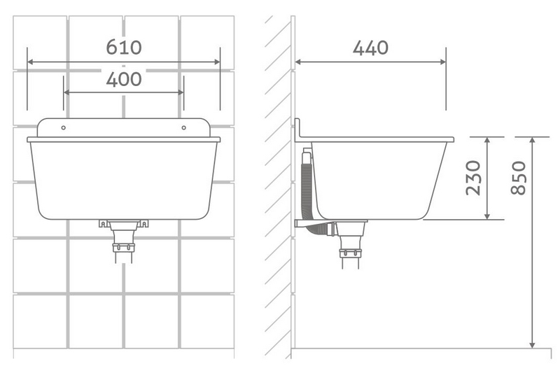 Technický dřez XXL 61 cm ŠEDÝ polypropylen + sifon a montážní sada