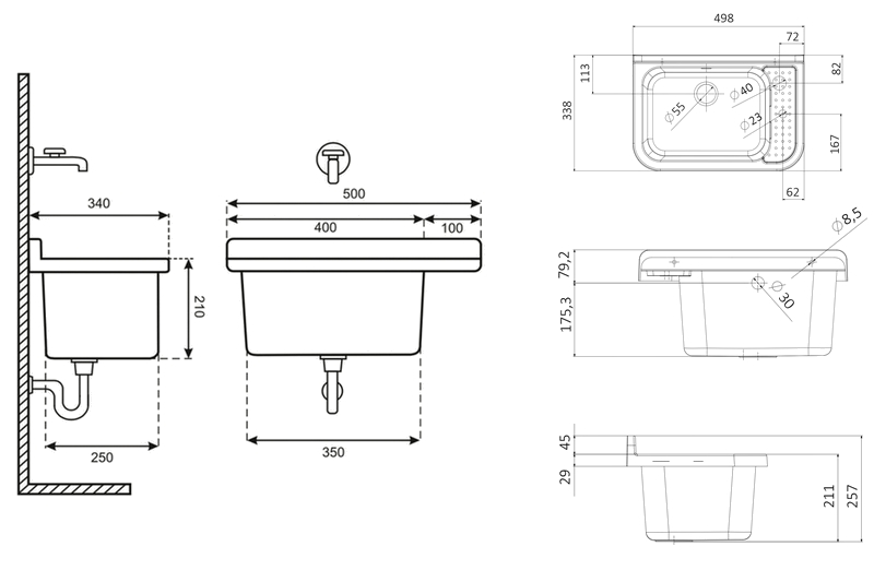 Technický dřez 50 cm BÍLÝ z polypropylenu + sifon a montážní příslušenství