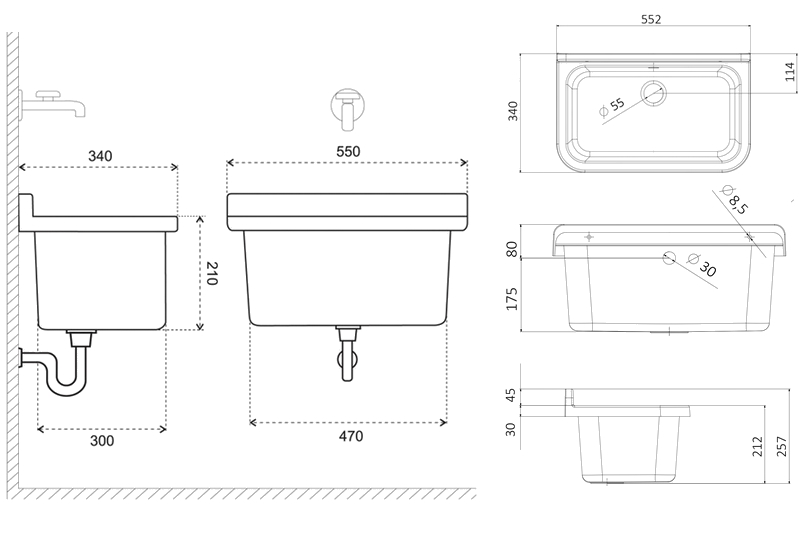 Technický dřez 55 cm ČERNÝ z polypropylenu + sifon a montážní příslušenství