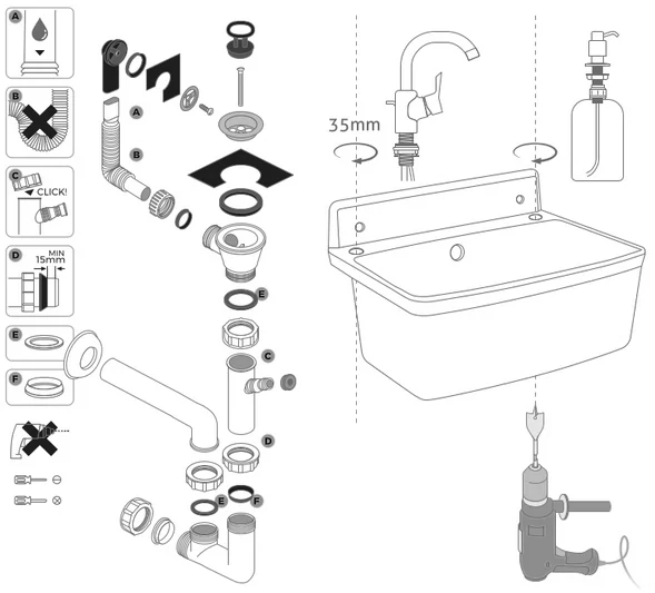 Technický dřez GRAND 55 cm BÍLÝ polypropylen + sifon a montážní sada